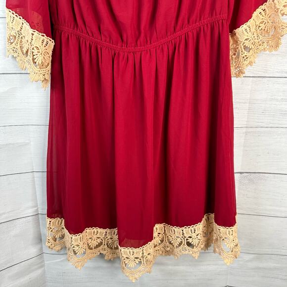 Umgee Womens size Large Lace Crochet Hem Mini Dress Red Boho Holiday - Picture 4 of 8